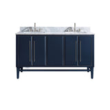 Avanity Mason 61 in. Vanity Combo in Navy Blue with Silver Trim and Carrara White Marble Top