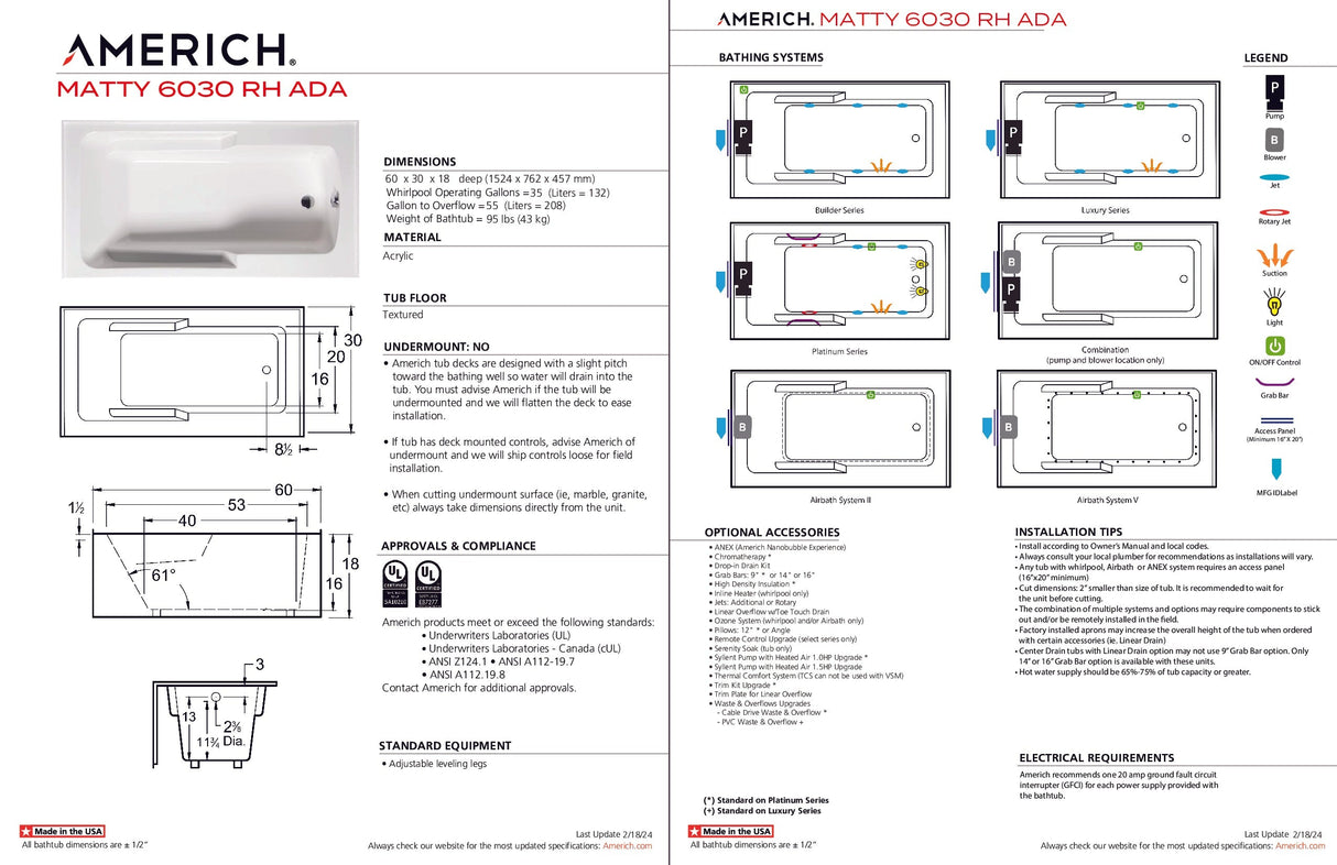 Americh MT6030ADATRA5BI Matty 6030 ADA Right Hand - Tub Only / Airbath 5 - Biscuit