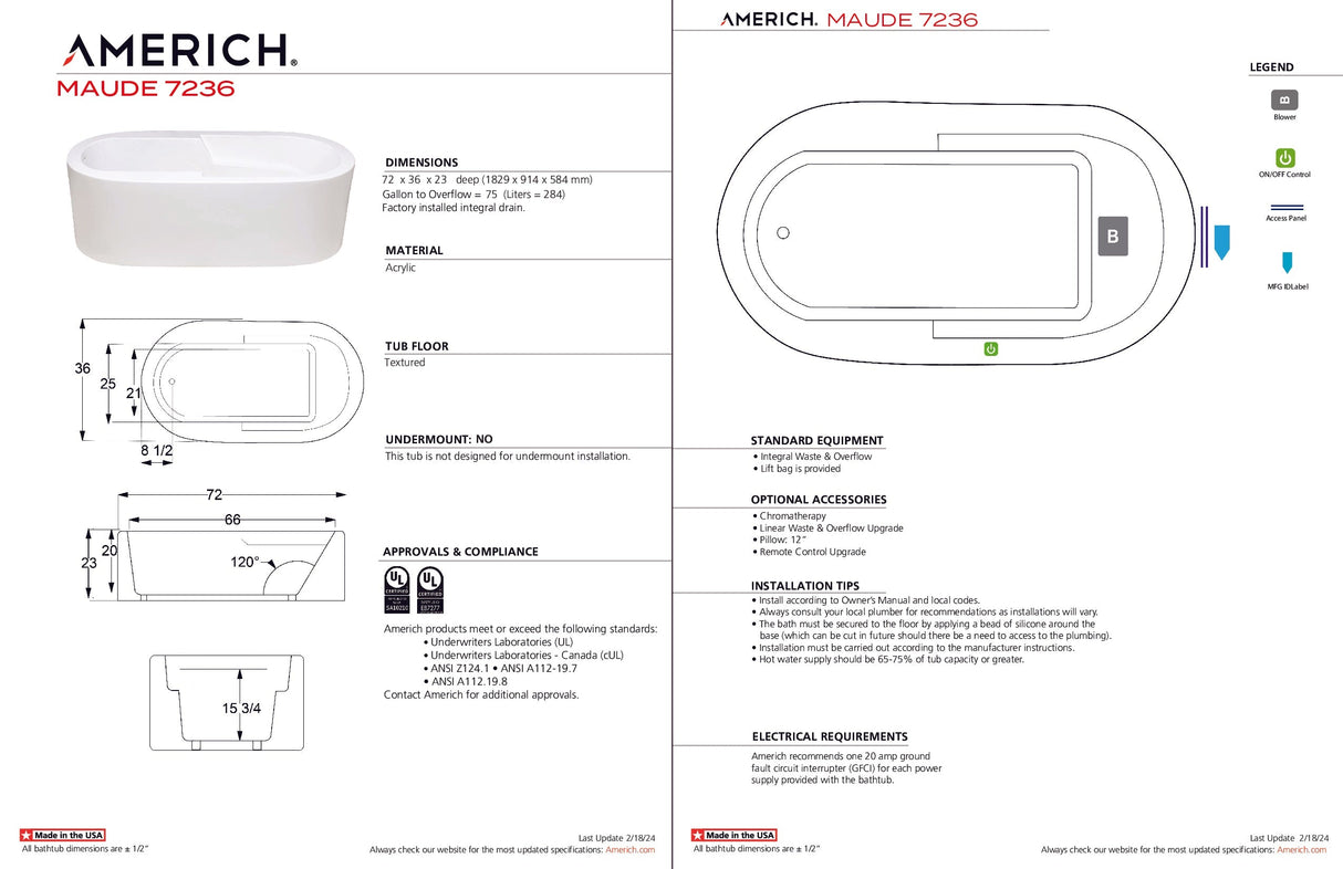 Americh MU7236TA2-WH Maude 7236 - Tub Only / Airbath 2 - White