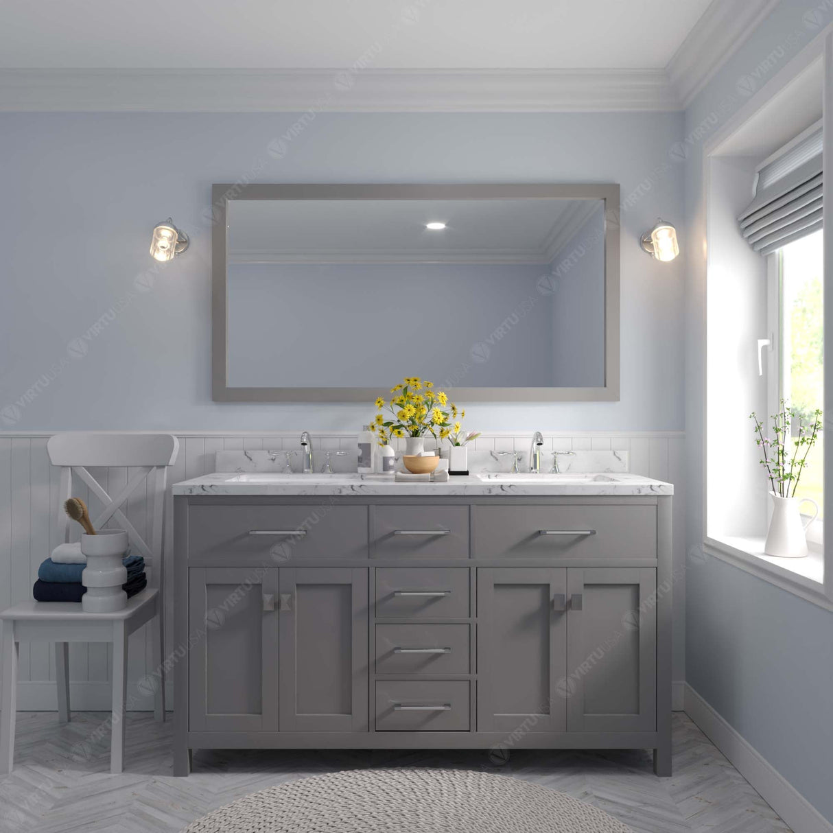 Virtu USA Caroline 60" Double Bath Vanity with White Quartz Top and Round Sinks with Matching Mirror