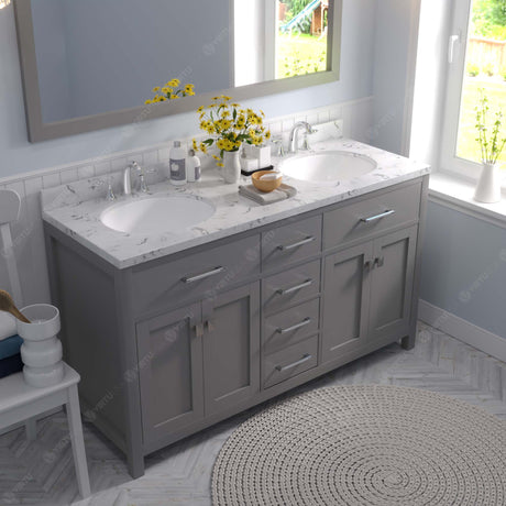 Virtu USA Caroline 60" Double Bath Vanity with White Quartz Top and Round Sinks with Polished Chrome Faucets with Matching Mirror