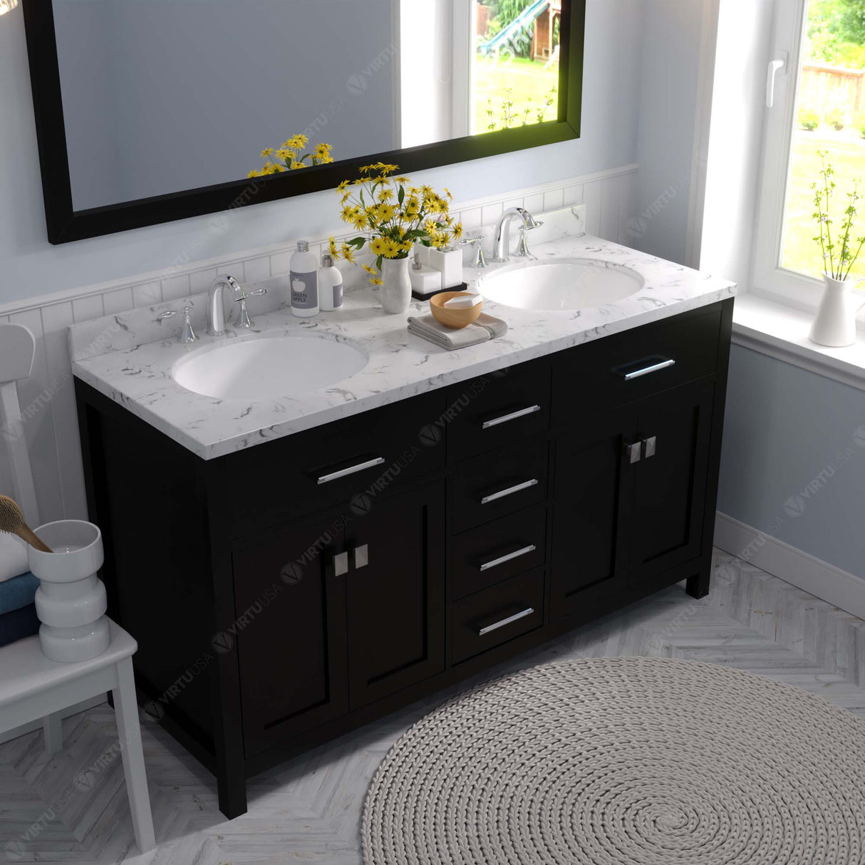 Virtu USA Caroline 60" Double Bath Vanity with White Quartz Top and Round Sinks with Matching Mirror