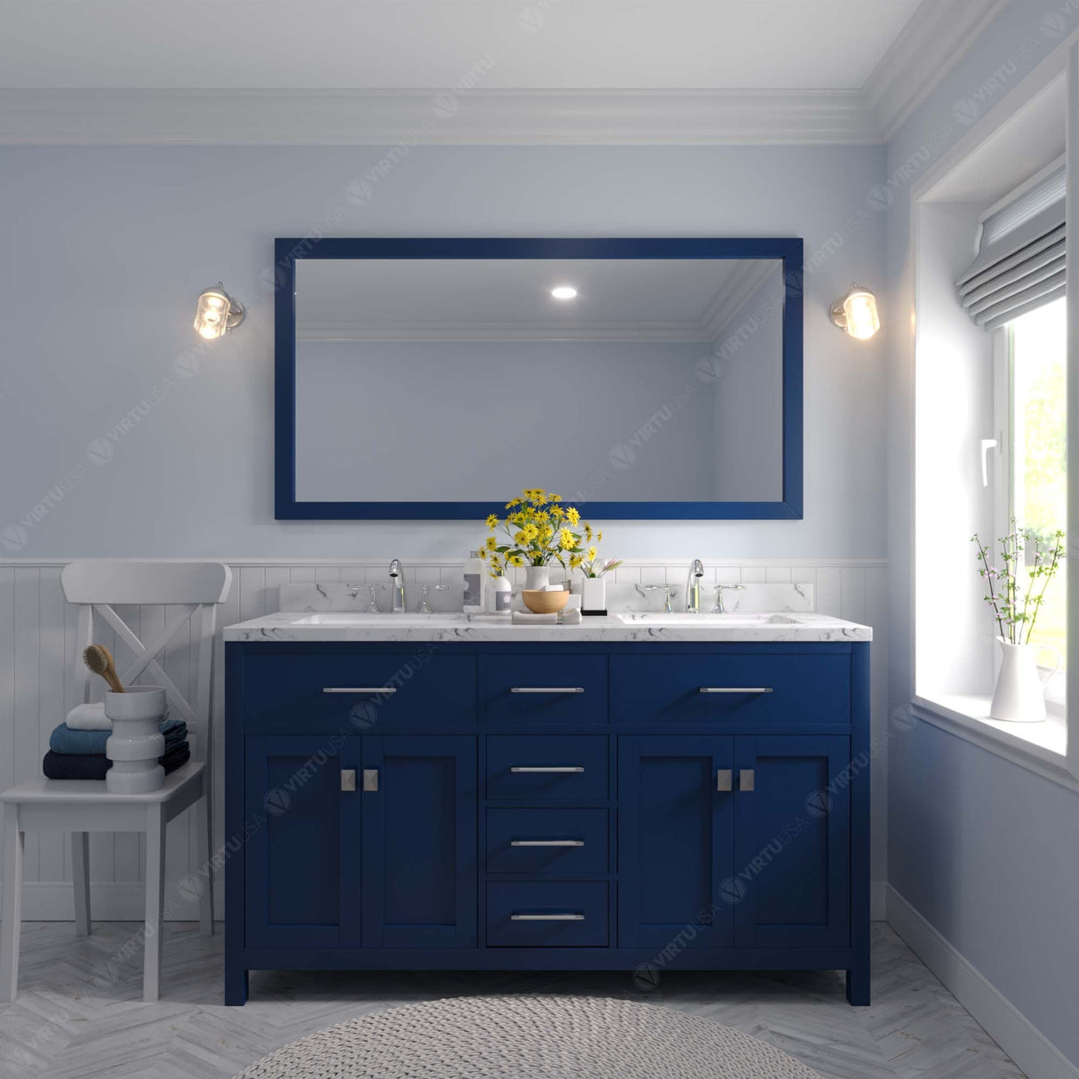 Virtu USA Caroline 60" Double Bath Vanity with White Quartz Top and Round Sinks with Matching Mirror