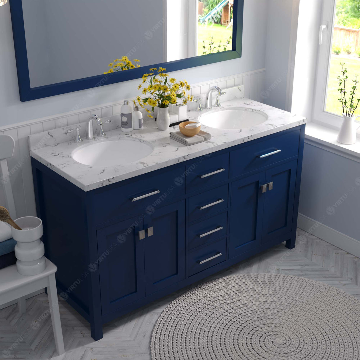 Virtu USA Caroline 60" Double Bath Vanity with White Quartz Top and Round Sinks with Matching Mirror