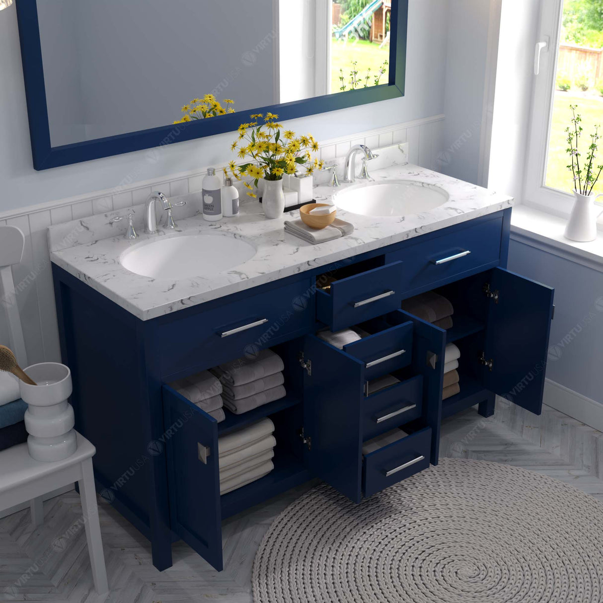 Virtu USA Caroline 60" Double Bath Vanity with White Quartz Top and Round Sinks with Matching Mirror