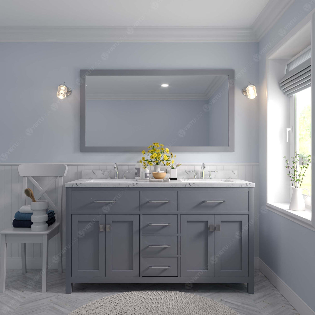 Virtu USA Caroline 60" Double Bath Vanity with White Quartz Top and Round Sinks with Matching Mirror