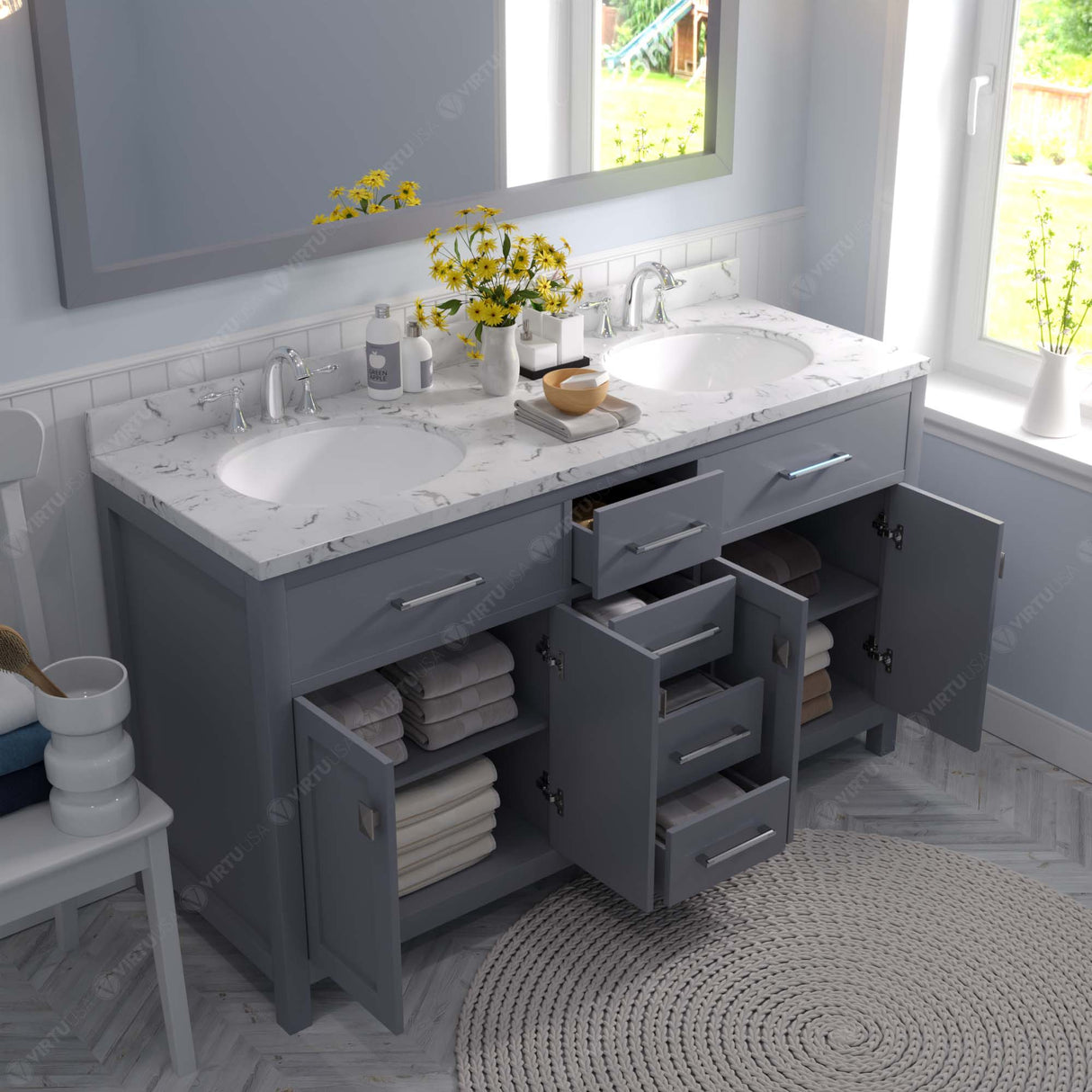 Virtu USA Caroline 60" Double Bath Vanity with White Quartz Top and Round Sinks with Matching Mirror