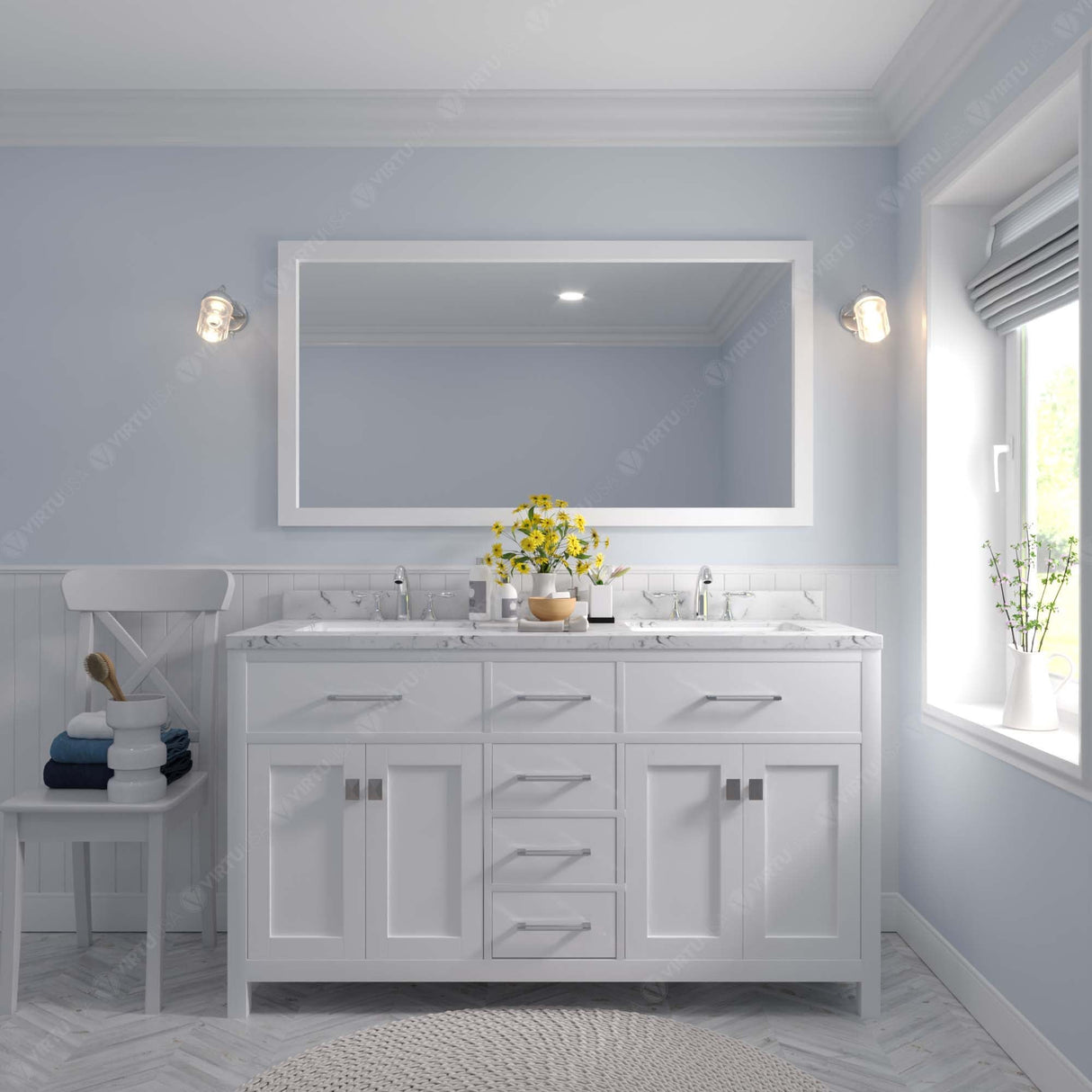 Virtu USA Caroline 60" Double Bath Vanity with White Quartz Top and Round Sinks with Polished Chrome Faucets with Matching Mirror