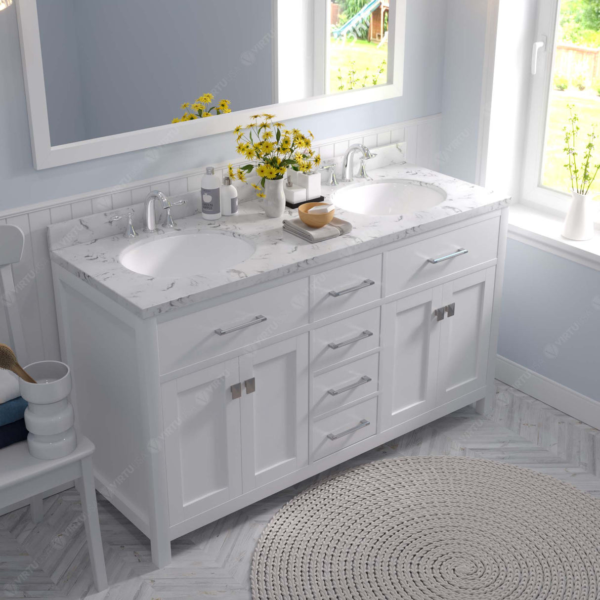 Virtu USA Caroline 60" Double Bath Vanity with White Quartz Top and Round Sinks with Matching Mirror