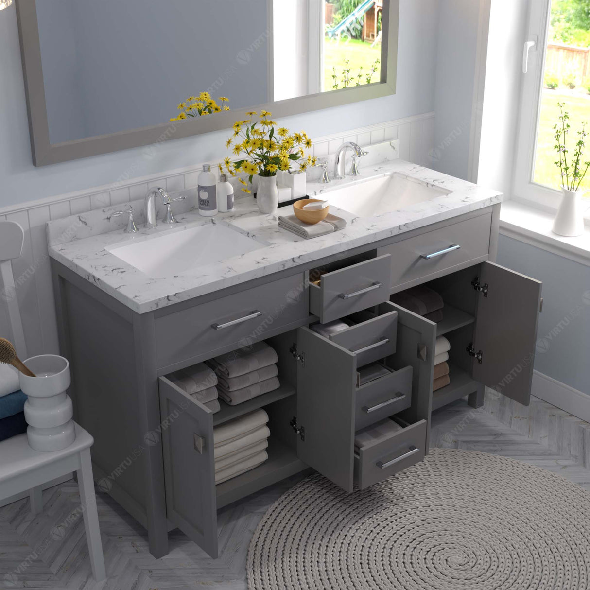 Virtu USA Caroline 60" Double Bath Vanity with White Quartz Top and Square Sinks with Brushed Nickel Faucets with Matching Mirror