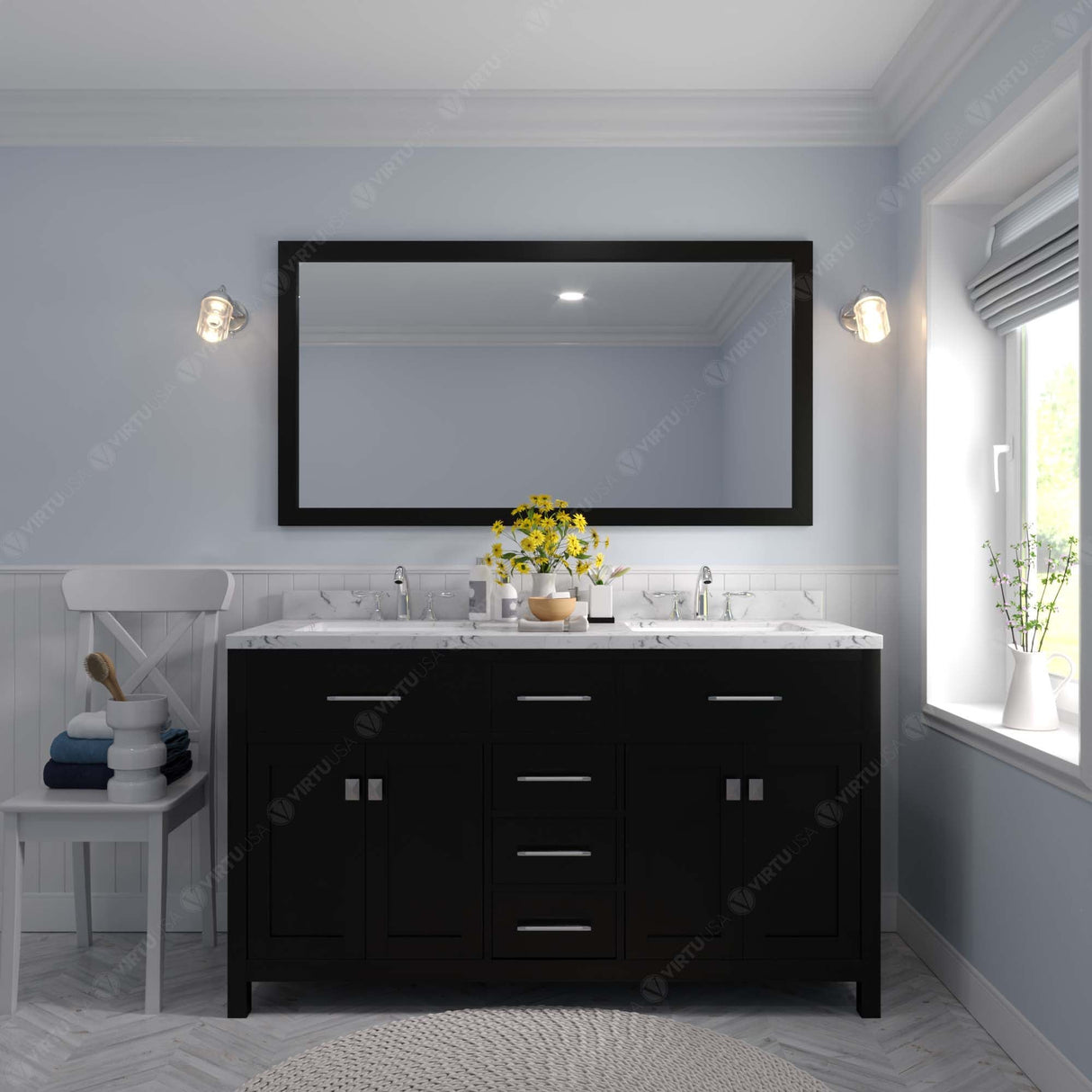 Virtu USA Caroline 60" Double Bath Vanity with White Quartz Top and Square Sinks with Matching Mirror