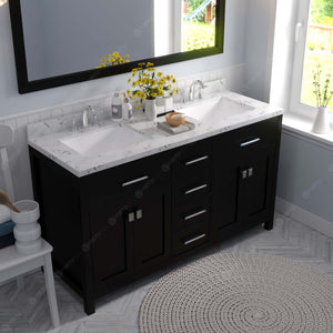 Virtu USA Caroline 60" Double Bath Vanity with White Quartz Top and Square Sinks with Polished Chrome Faucets with Matching Mirror