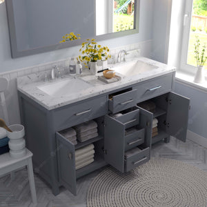 Virtu USA Caroline 60" Double Bath Vanity with White Quartz Top and Square Sinks with Polished Chrome Faucets with Matching Mirror