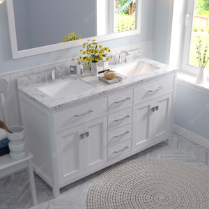 Virtu USA Caroline 60" Double Bath Vanity with White Quartz Top and Square Sinks with Polished Chrome Faucets with Matching Mirror
