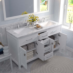Virtu USA Caroline 60" Double Bath Vanity with White Quartz Top and Square Sinks with Polished Chrome Faucets with Matching Mirror