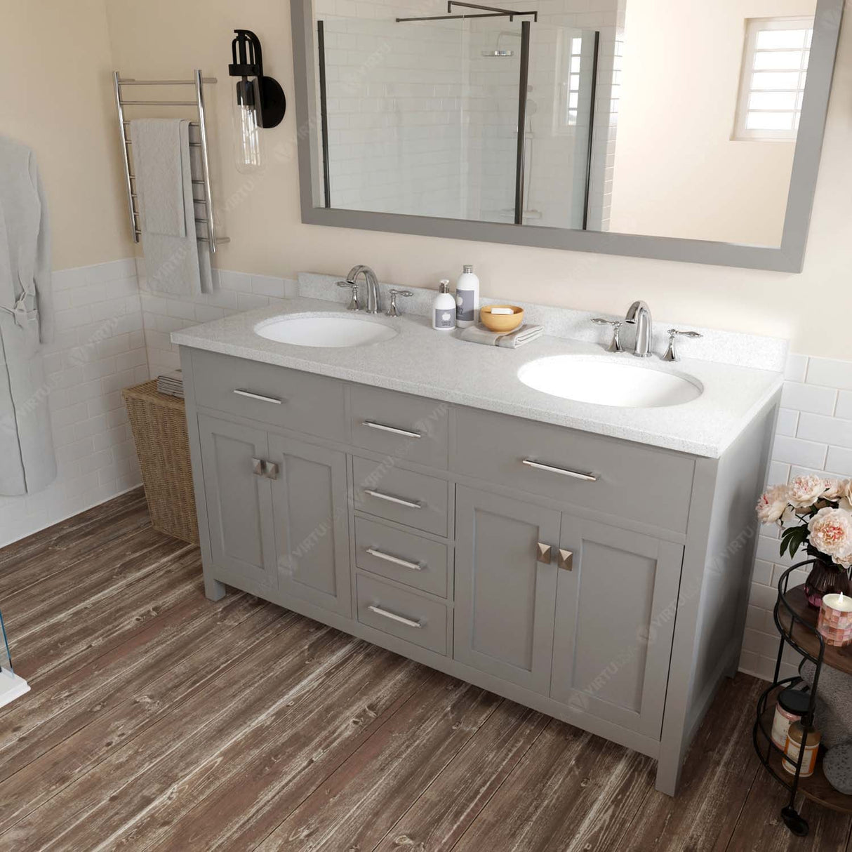 Virtu USA Caroline 60" Double Bath Vanity with Dazzle White Top and Round Sinks with Matching Mirror