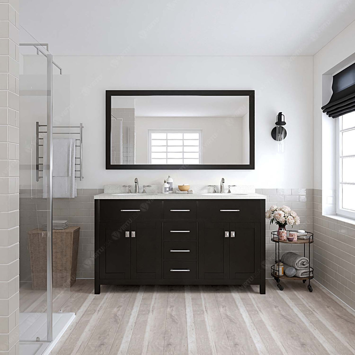 Virtu USA Caroline 60" Double Bath Vanity with Dazzle White Top and Round Sinks with Matching Mirror