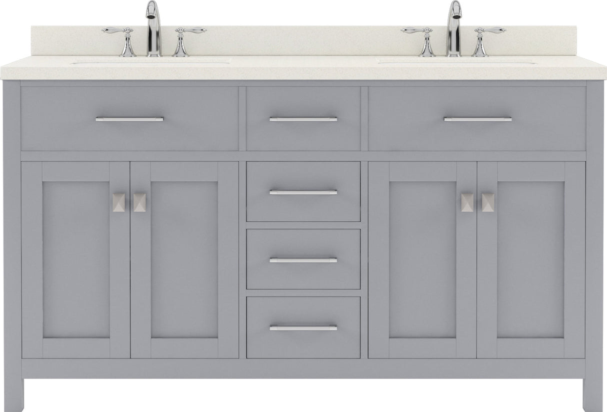 Virtu USA Caroline 60" Double Bath Vanity with Dazzle White Top and Round Sinks with Brushed Nickel Faucets with Matching Mirror