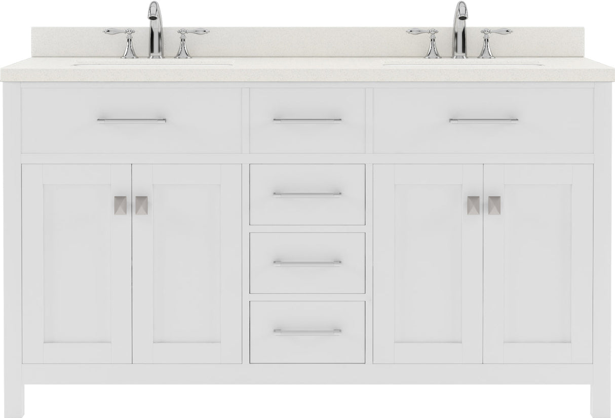 Virtu USA Caroline 60" Double Bath Vanity with Dazzle White Top and Round Sinks with Brushed Nickel Faucets with Matching Mirror