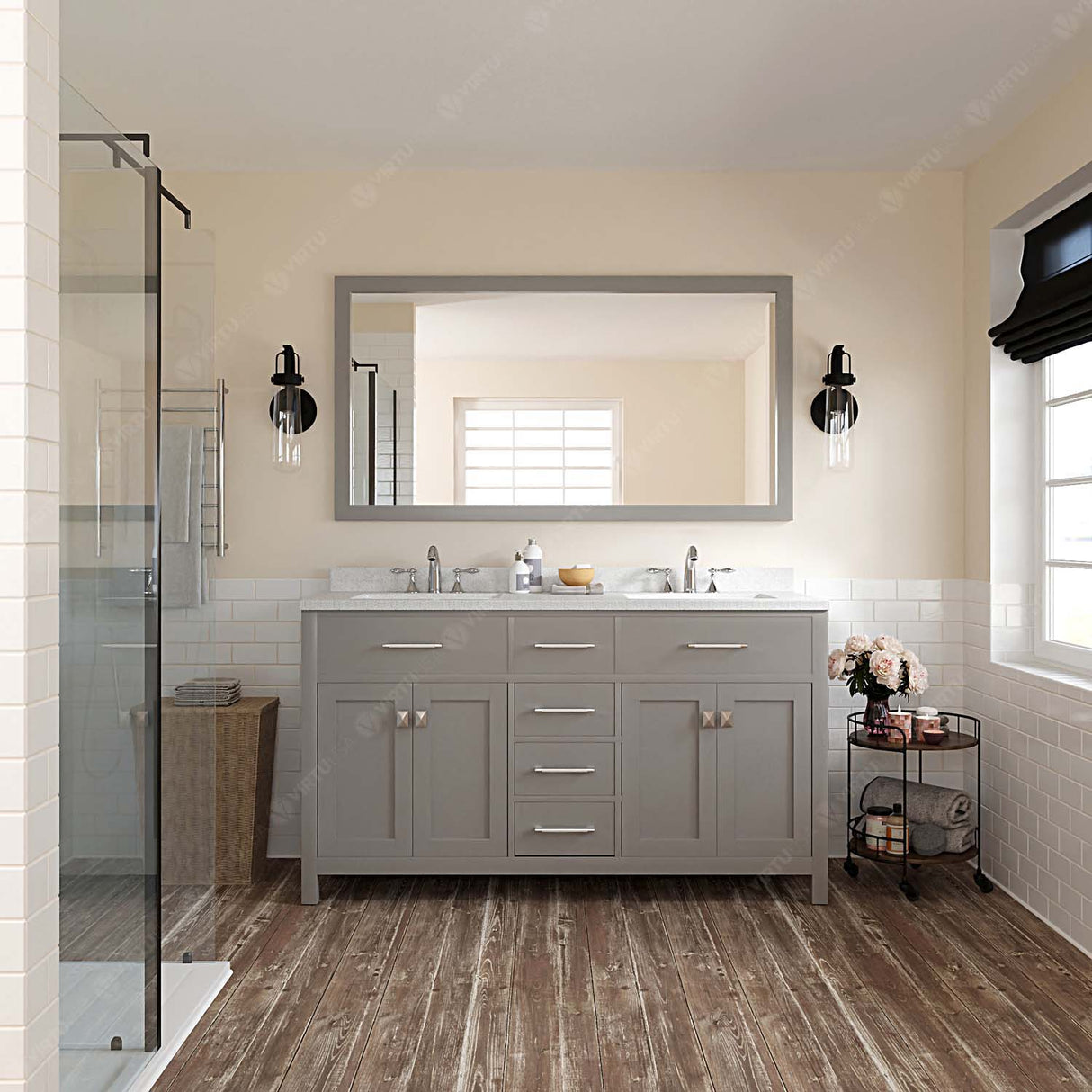 Virtu USA Caroline 60" Double Bath Vanity with Dazzle White Top and Square Sinks with Brushed Nickel Faucets with Matching Mirror