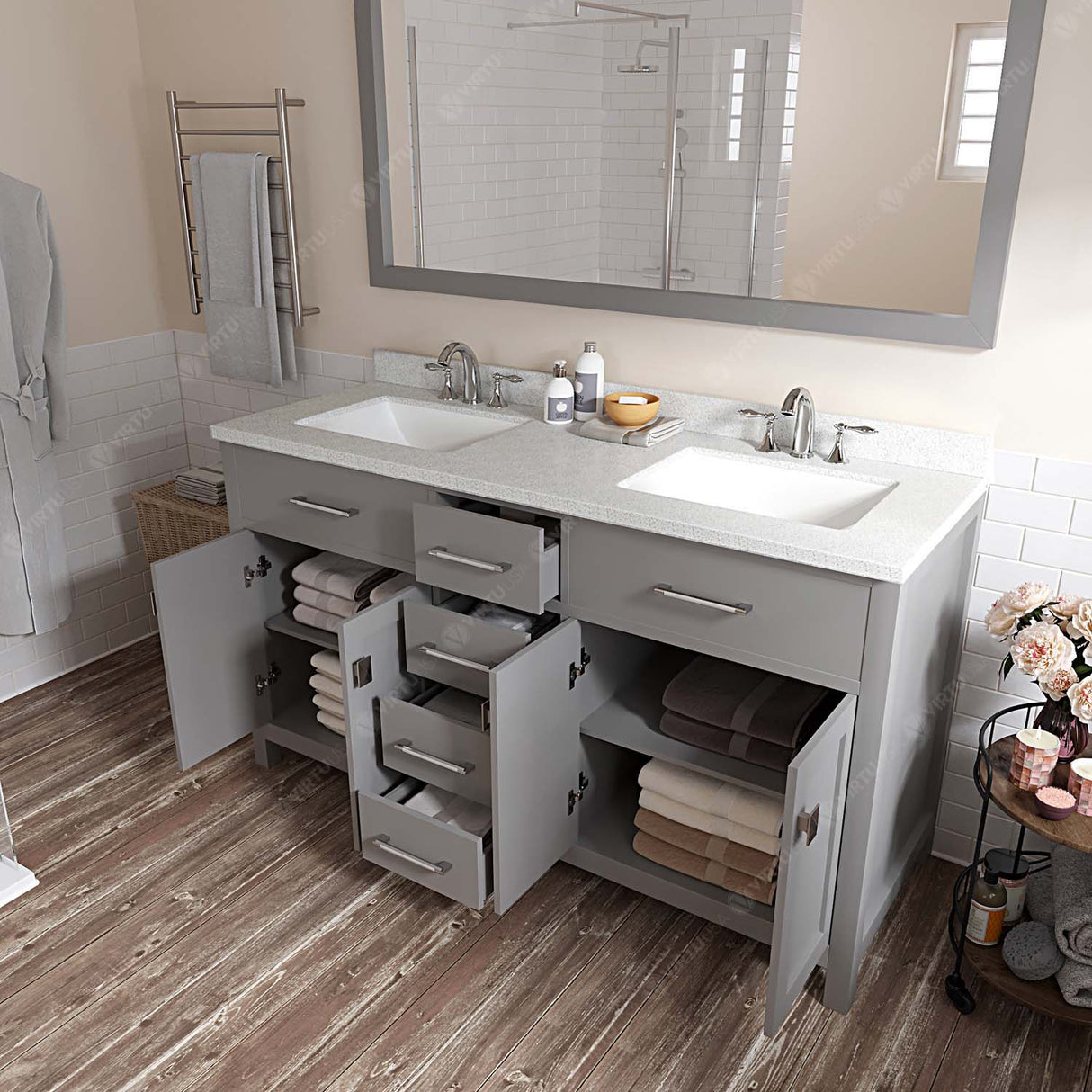 Virtu USA Caroline 60" Double Bath Vanity with Dazzle White Top and Square Sinks with Brushed Nickel Faucets with Matching Mirror