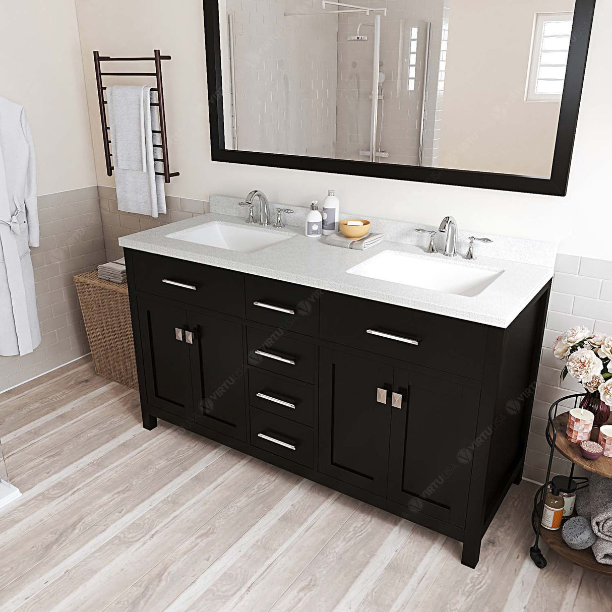 Virtu USA Caroline 60" Double Bath Vanity with Dazzle White Top and Square Sinks with Polished Chrome Faucets with Matching Mirror