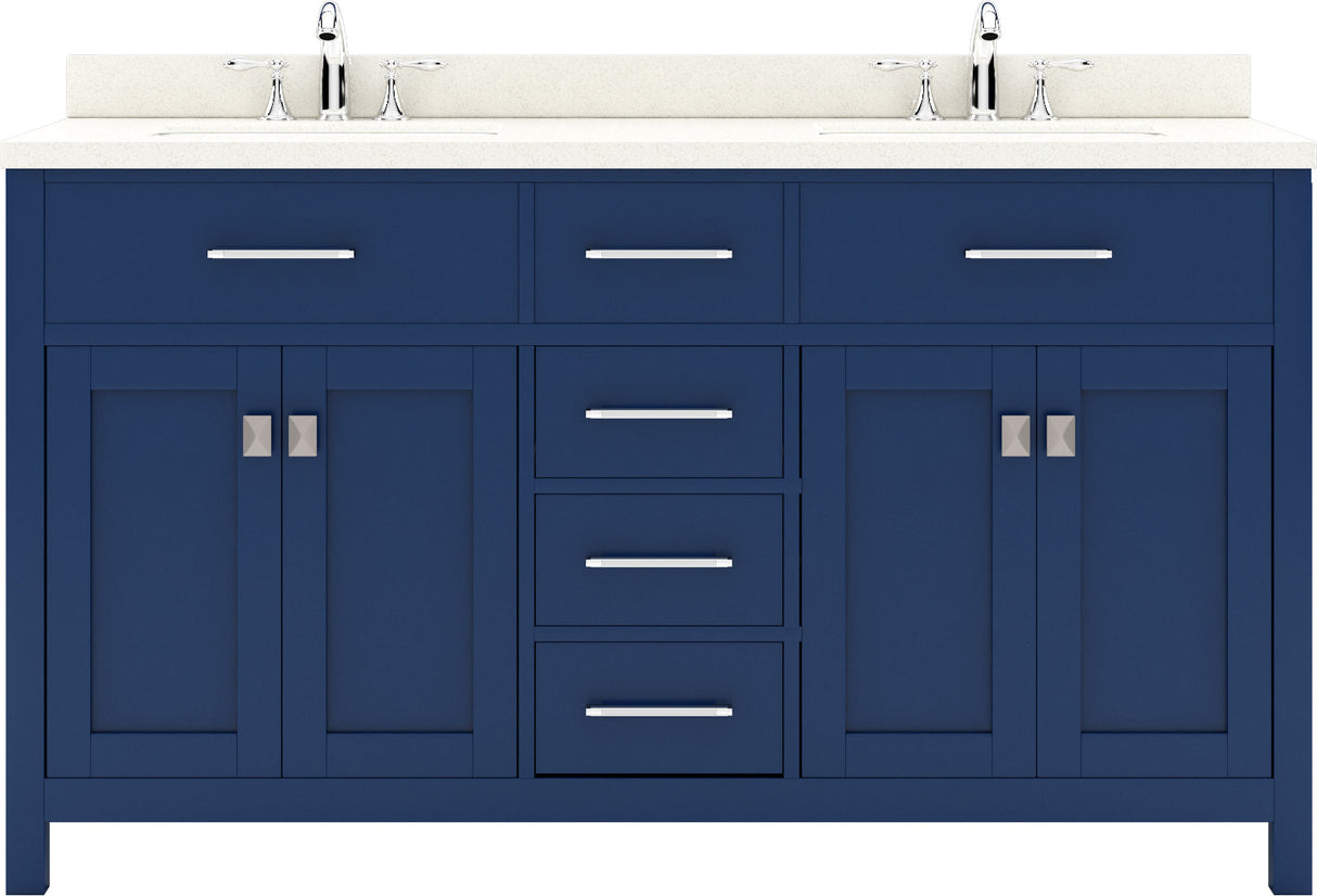 Virtu USA Caroline 60" Double Bath Vanity with Dazzle White Top and Square Sinks with Brushed Nickel Faucets with Matching Mirror