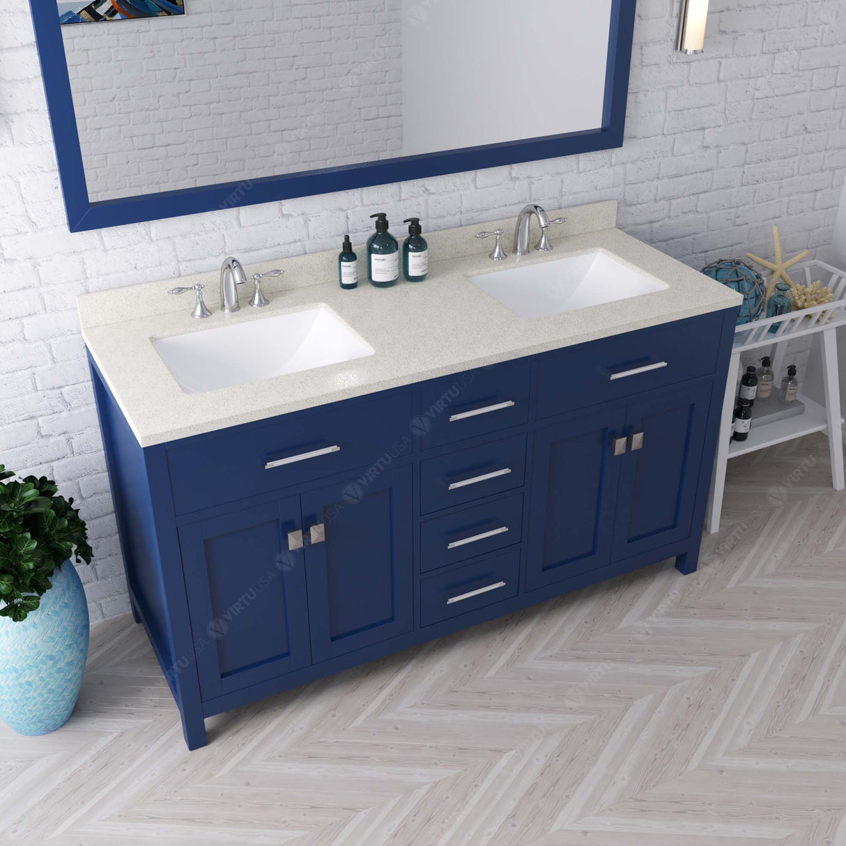 Virtu USA Caroline 60" Double Bath Vanity with Dazzle White Top and Square Sinks with Matching Mirror