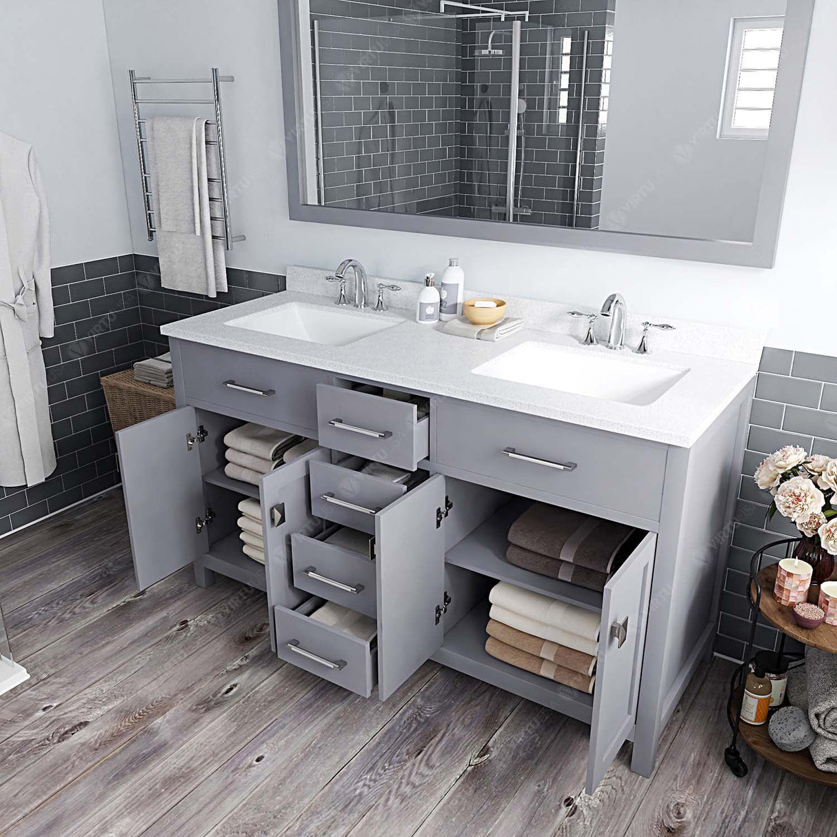 Virtu USA Caroline 60" Double Bath Vanity with Dazzle White Top and Square Sinks with Brushed Nickel Faucets with Matching Mirror