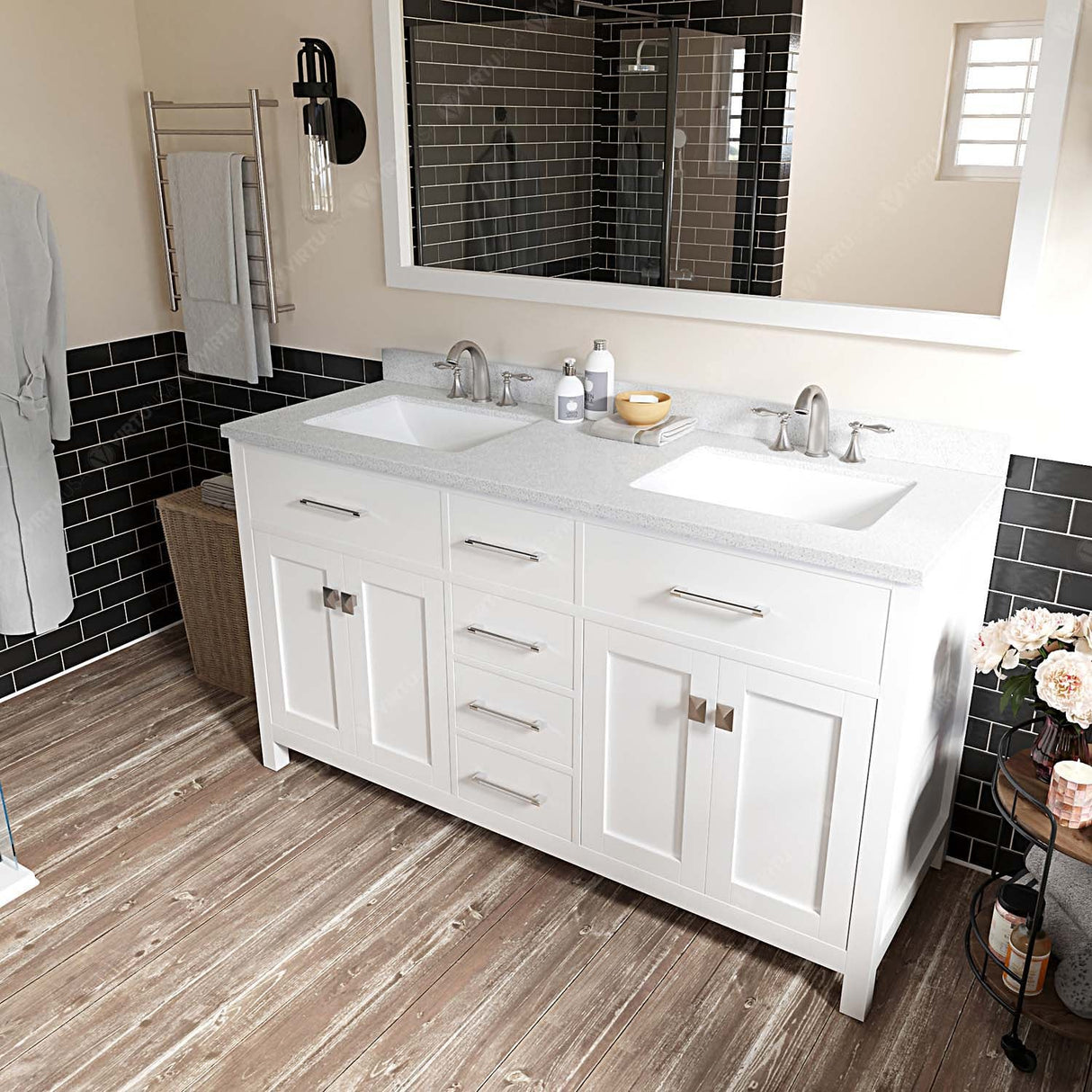 Virtu USA Caroline 60" Double Bath Vanity with Dazzle White Top and Square Sinks with Brushed Nickel Faucets with Matching Mirror