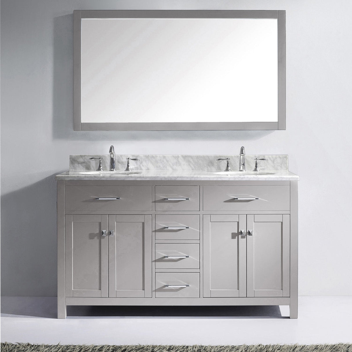 Virtu USA Caroline 60" Double Bath Vanity with White Marble Top and Round Sinks with Brushed Nickel Faucets with Matching Mirror