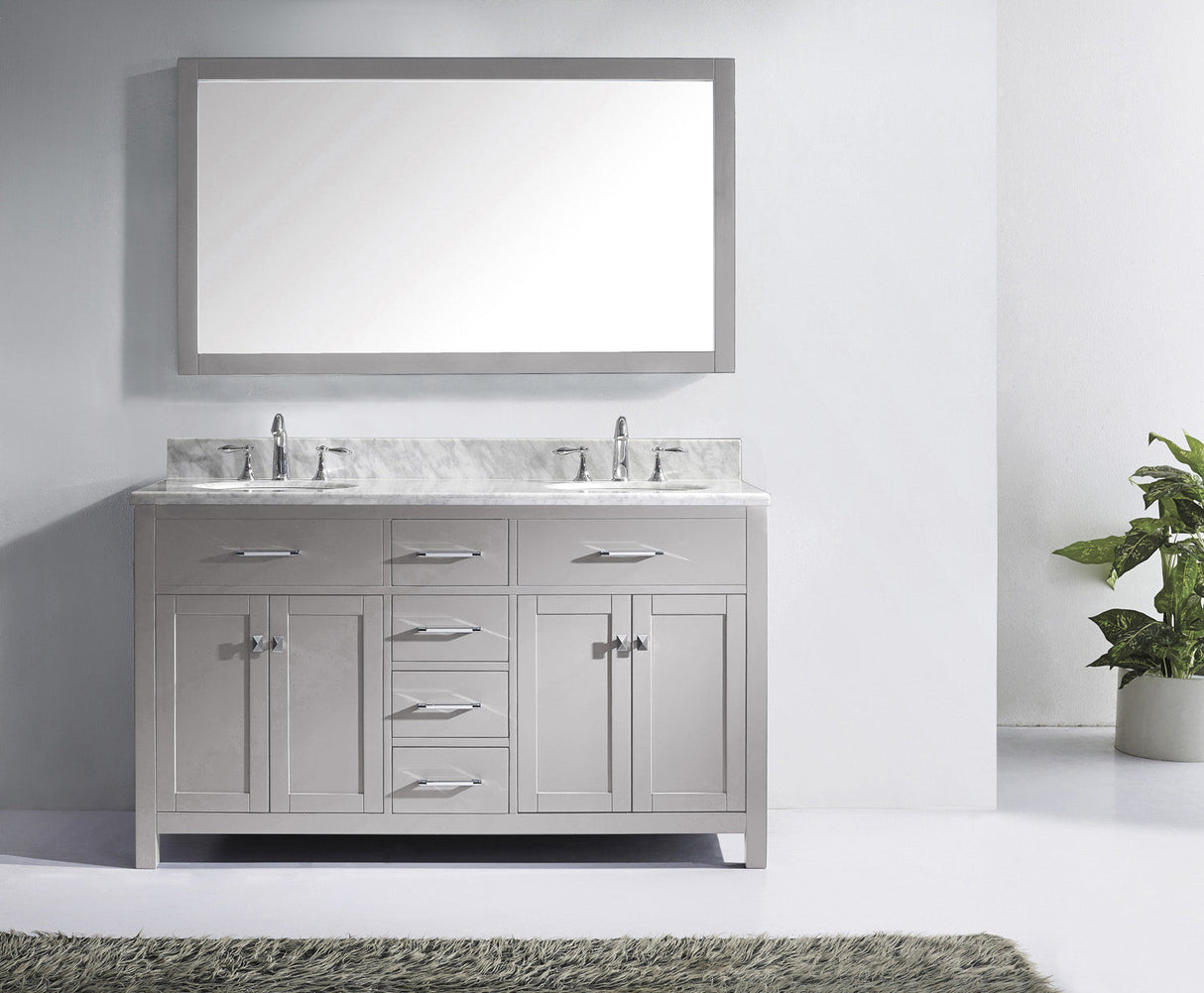 Virtu USA Caroline 60" Double Bath Vanity with White Marble Top and Round Sinks with Brushed Nickel Faucets with Matching Mirror