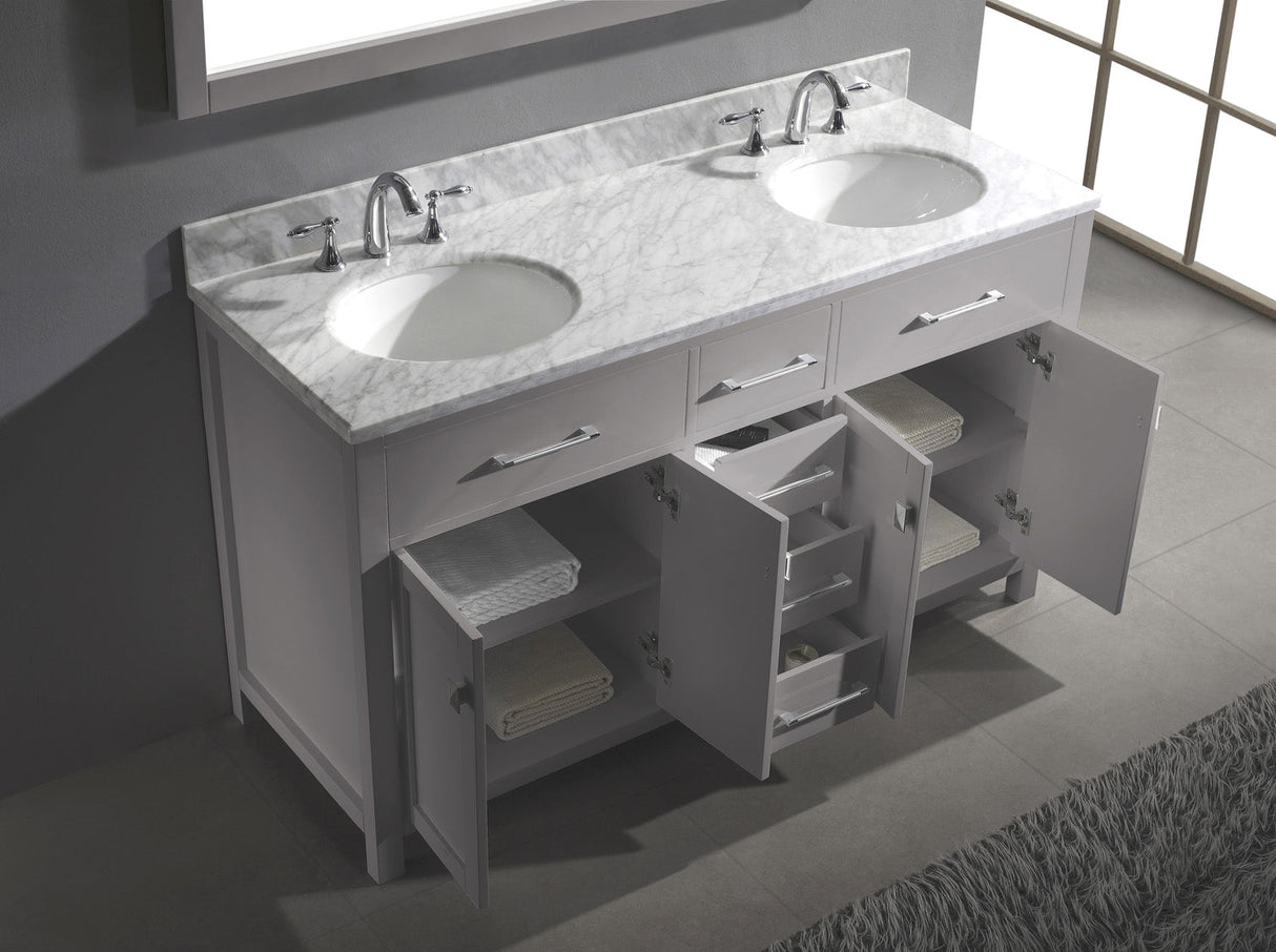 Virtu USA Caroline 60" Double Bath Vanity with White Marble Top and Round Sinks with Brushed Nickel Faucets with Matching Mirror