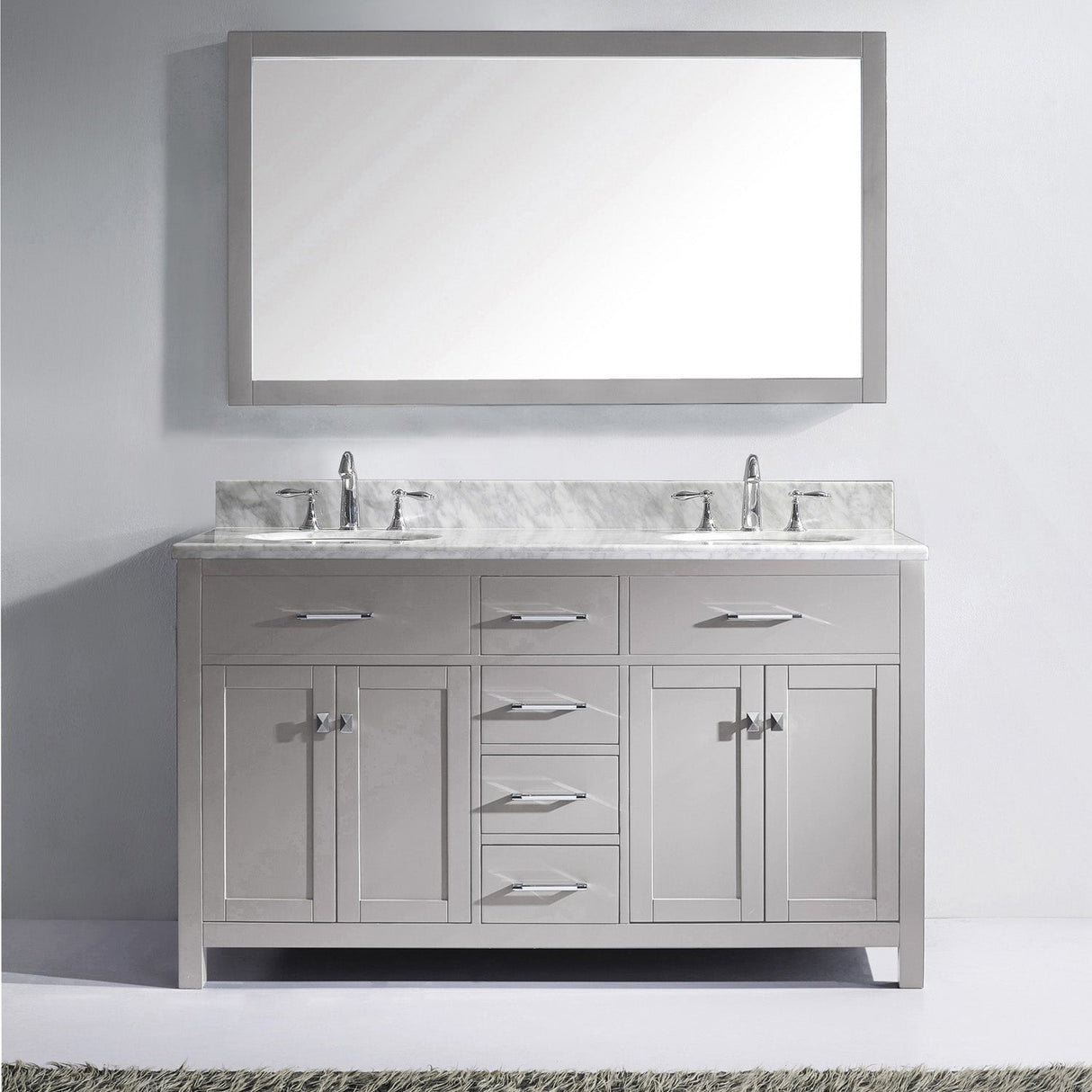 Virtu USA Caroline 60" Double Bath Vanity in Cashmere Gray with White Marble Top and Round Sinks with Brushed Nickel Faucets