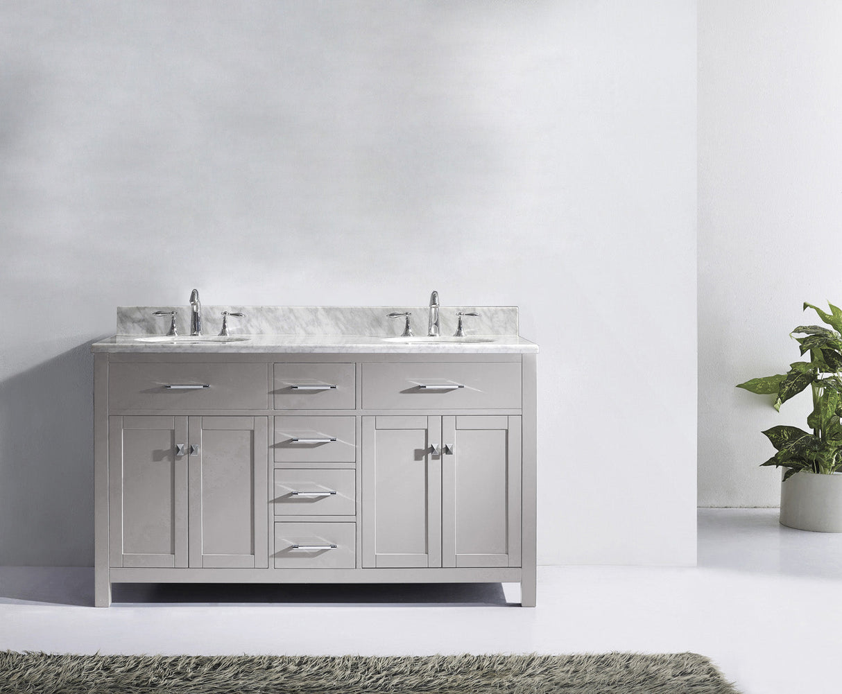 Virtu USA Caroline 60" Double Bath Vanity with White Marble Top and Round Sinks