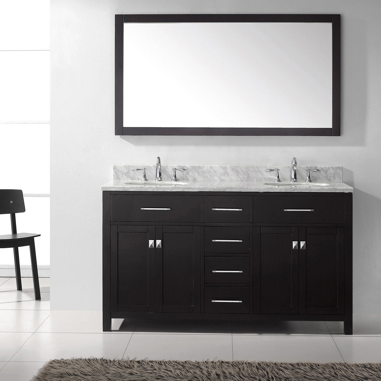 Virtu USA Caroline 60" Double Bath Vanity with White Marble Top and Round Sinks with Brushed Nickel Faucets with Matching Mirror