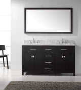 Virtu USA Caroline 60" Double Bath Vanity with White Marble Top and Round Sinks with Brushed Nickel Faucets with Matching Mirror