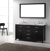 Virtu USA Caroline 60" Double Bath Vanity with White Marble Top and Round Sinks with Brushed Nickel Faucets with Matching Mirror