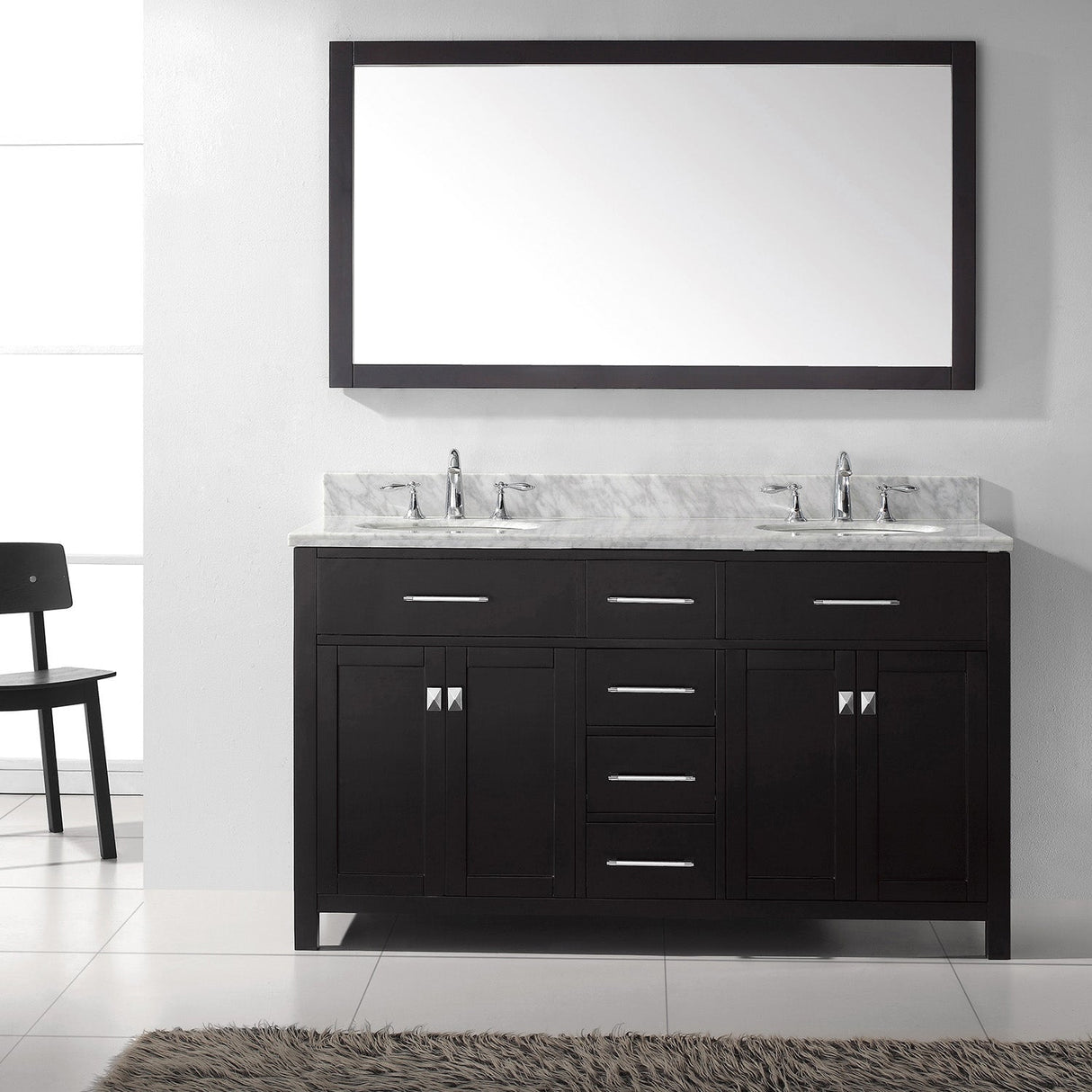 Virtu USA Caroline 60" Double Bath Vanity with White Marble Top and Round Sinks with Polished Chrome Faucets with Matching Mirror