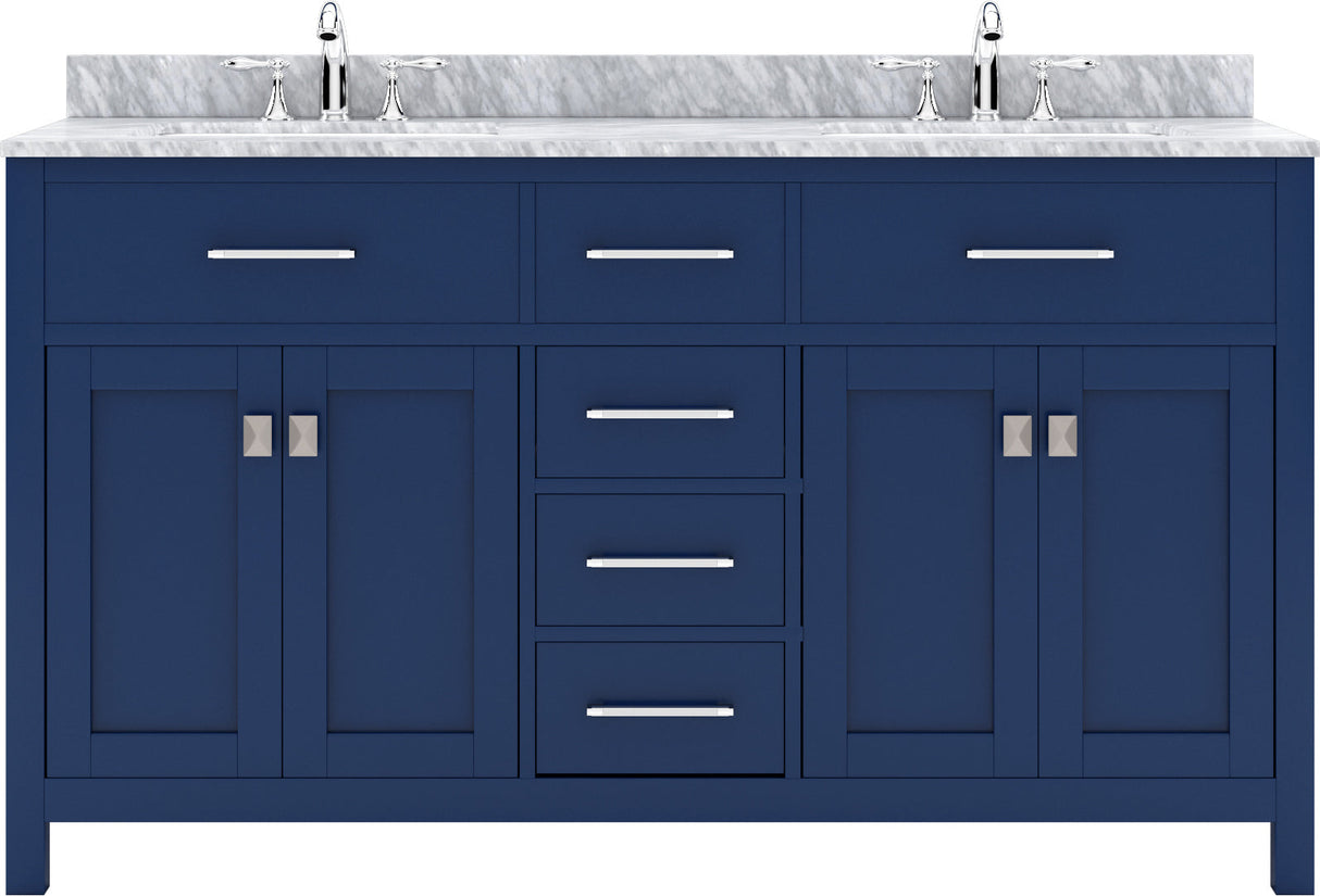 Virtu USA Caroline 60" Double Bath Vanity with White Marble Top and Round Sinks with Matching Mirror