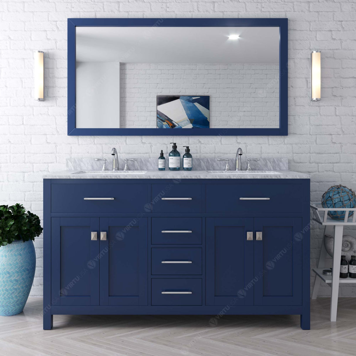 Virtu USA Caroline 60" Double Bath Vanity with White Marble Top and Round Sinks with Matching Mirror