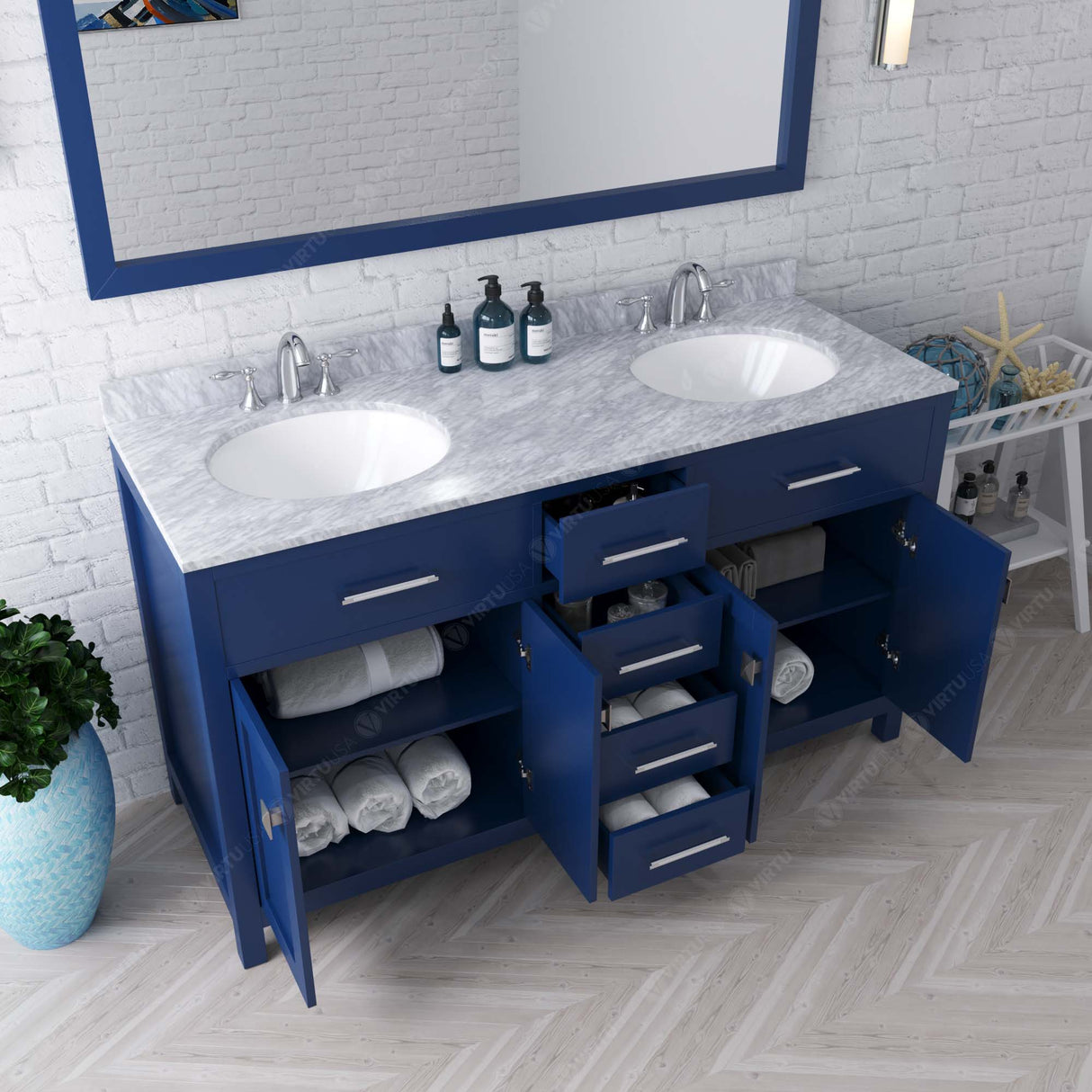 Virtu USA Caroline 60" Double Bath Vanity with White Marble Top and Round Sinks with Matching Mirror