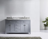 Virtu USA Caroline 60" Double Bath Vanity with White Marble Top and Round Sinks