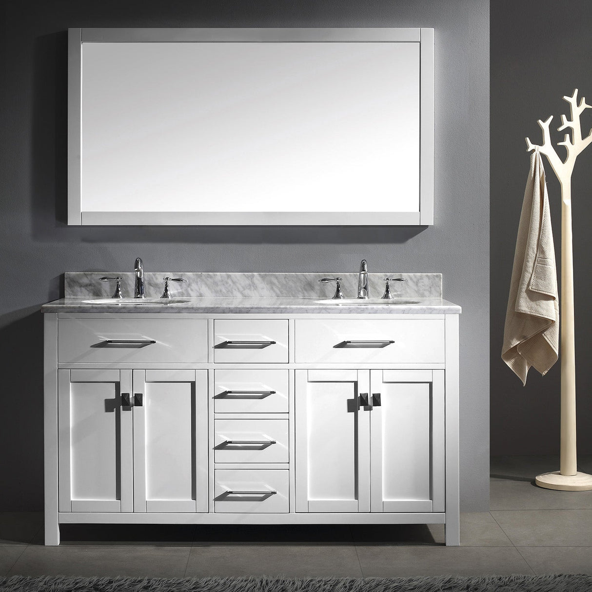 Virtu USA Caroline 60" Double Bath Vanity with White Marble Top and Round Sinks with Matching Mirror