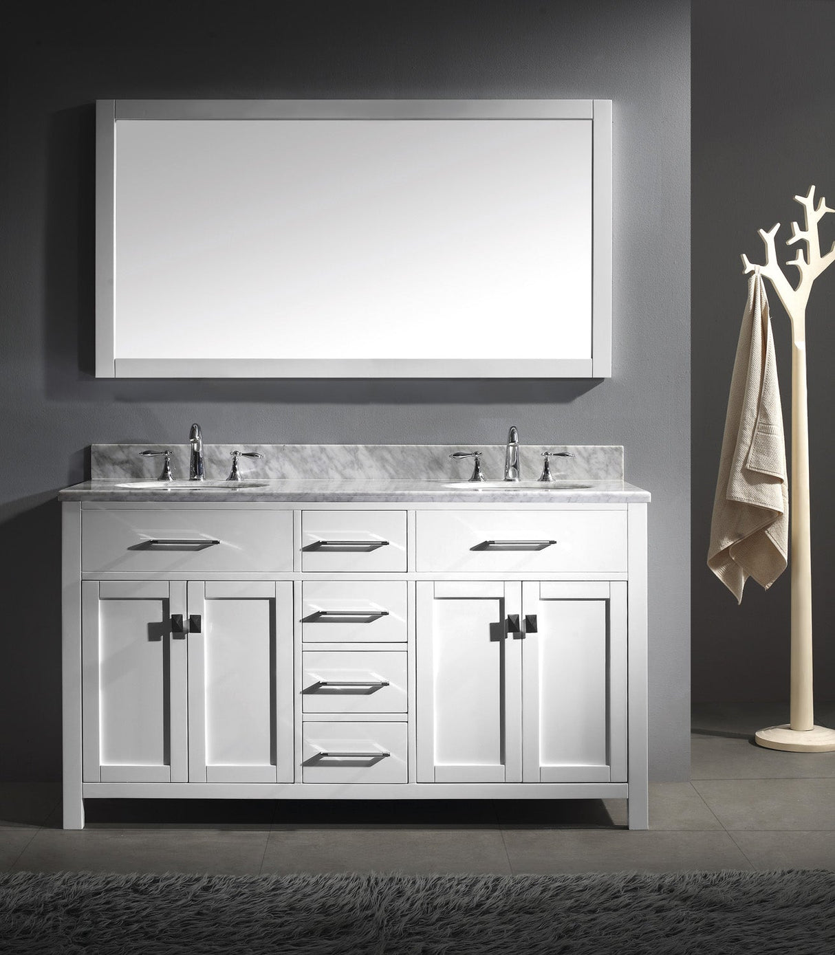 Virtu USA Caroline 60" Double Bath Vanity with White Marble Top and Round Sinks with Matching Mirror