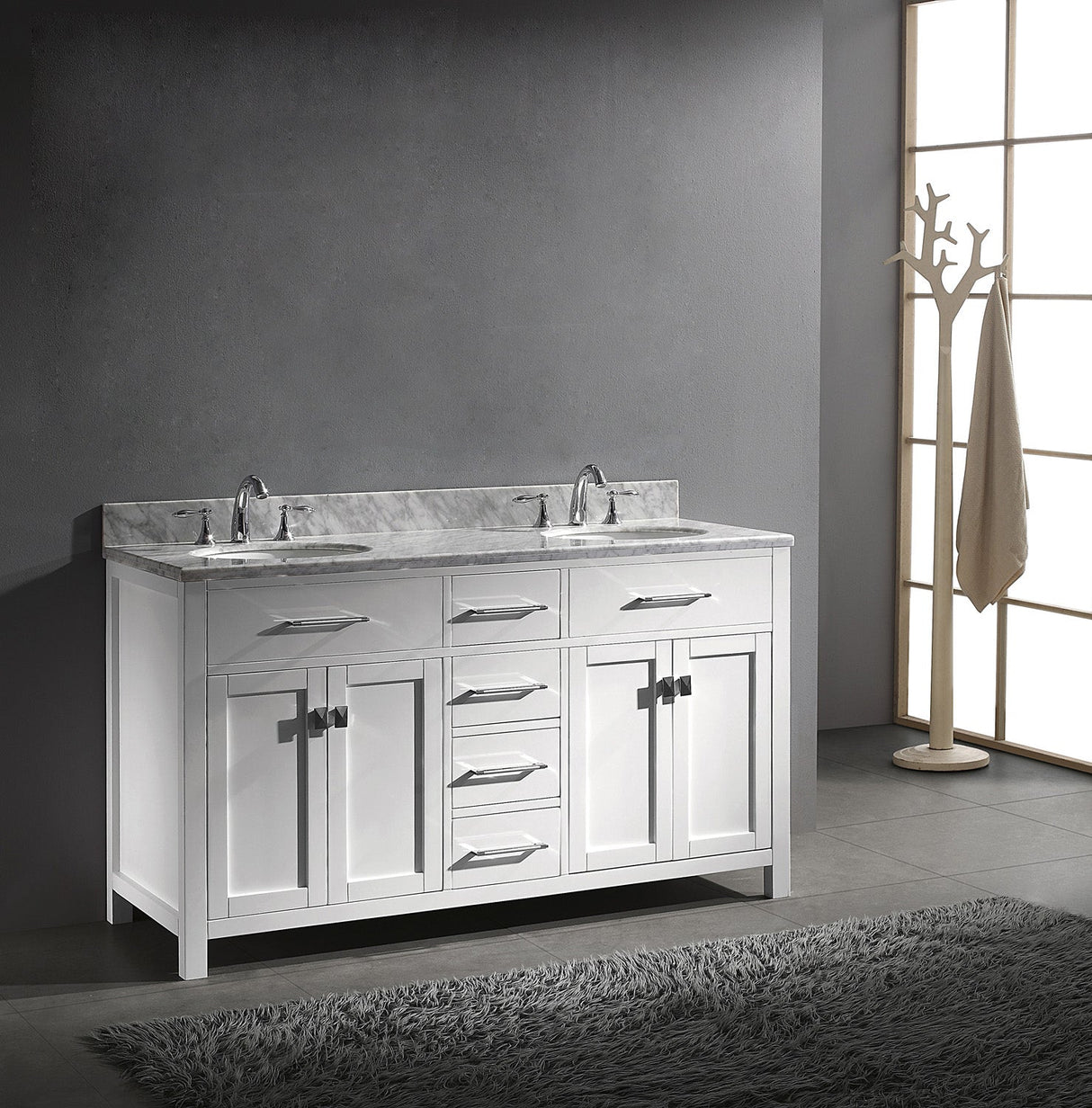Virtu USA Caroline 60" Double Bath Vanity with White Marble Top and Round Sinks
