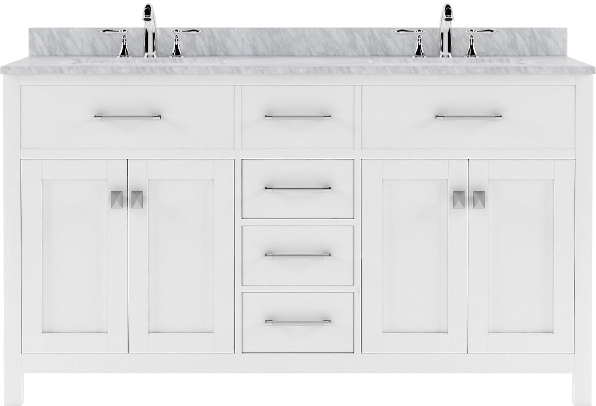 Virtu USA Caroline 60" Double Bath Vanity with White Marble Top and Round Sinks with Matching Mirror