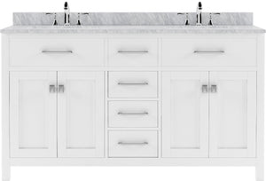 Virtu USA Caroline 60" Double Bath Vanity with White Marble Top and Round Sinks with Brushed Nickel Faucets with Matching Mirror