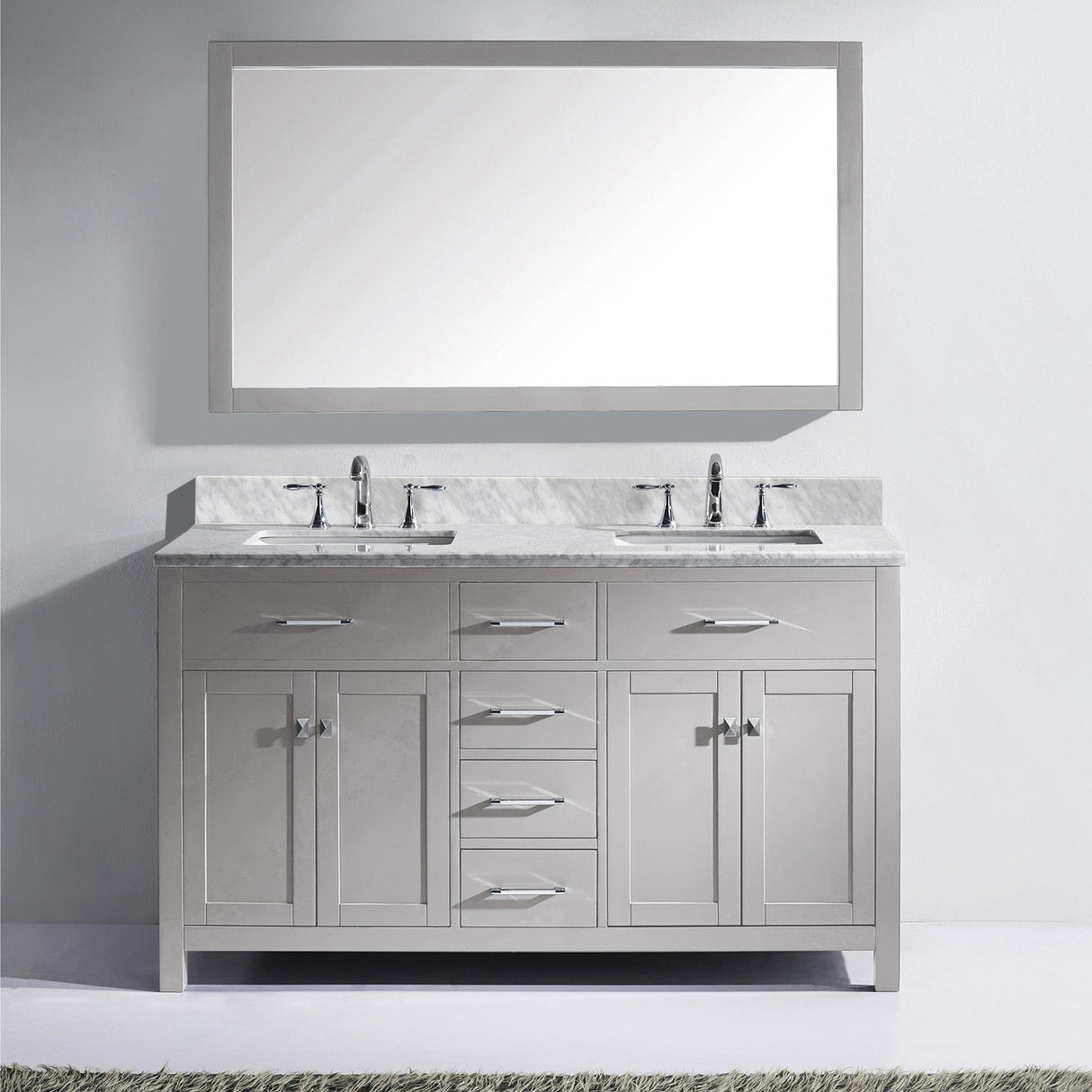 Virtu USA Caroline 60" Double Bath Vanity with White Marble Top and Square Sinks with Brushed Nickel Faucets with Matching Mirror