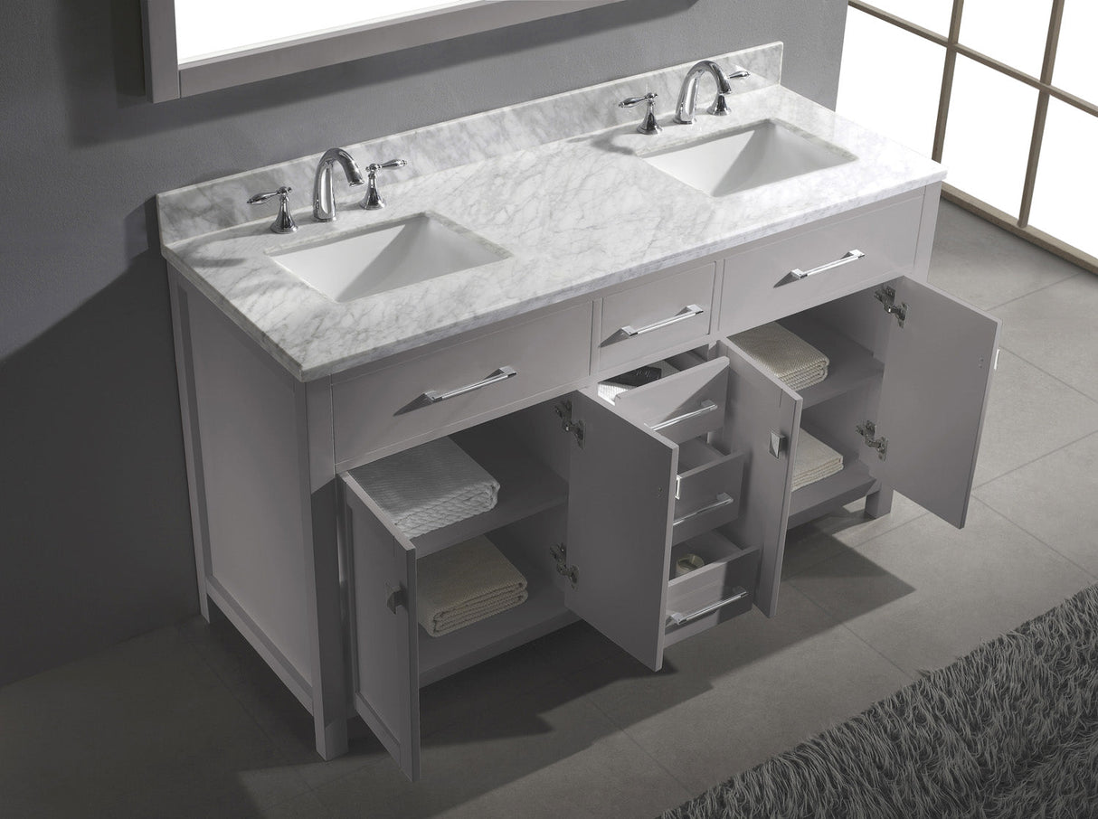 Virtu USA Caroline 60" Double Bath Vanity with White Marble Top and Square Sinks with Brushed Nickel Faucets with Matching Mirror